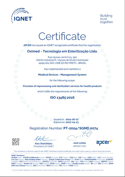 Certificado IQNet ISO 13485:2016 da Oximed, registro PT-2024/SGMD.0074