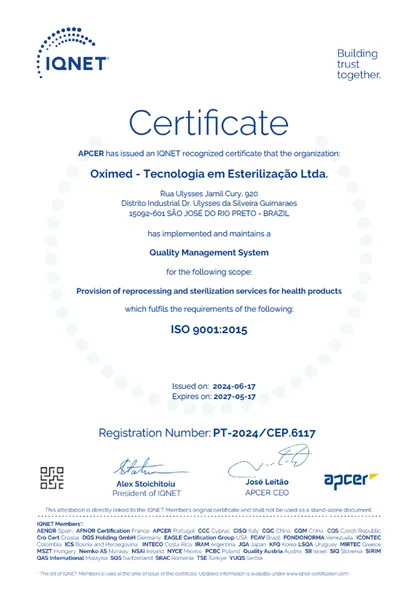 Certificado IQNet ISO 9001:2015 da Oximed, registro PT-2024/CEP.6117