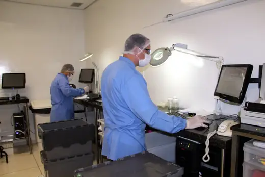 Dois técnicos de jaleco azul, touca e máscara trabalhando em bancadas com computador na Oximed